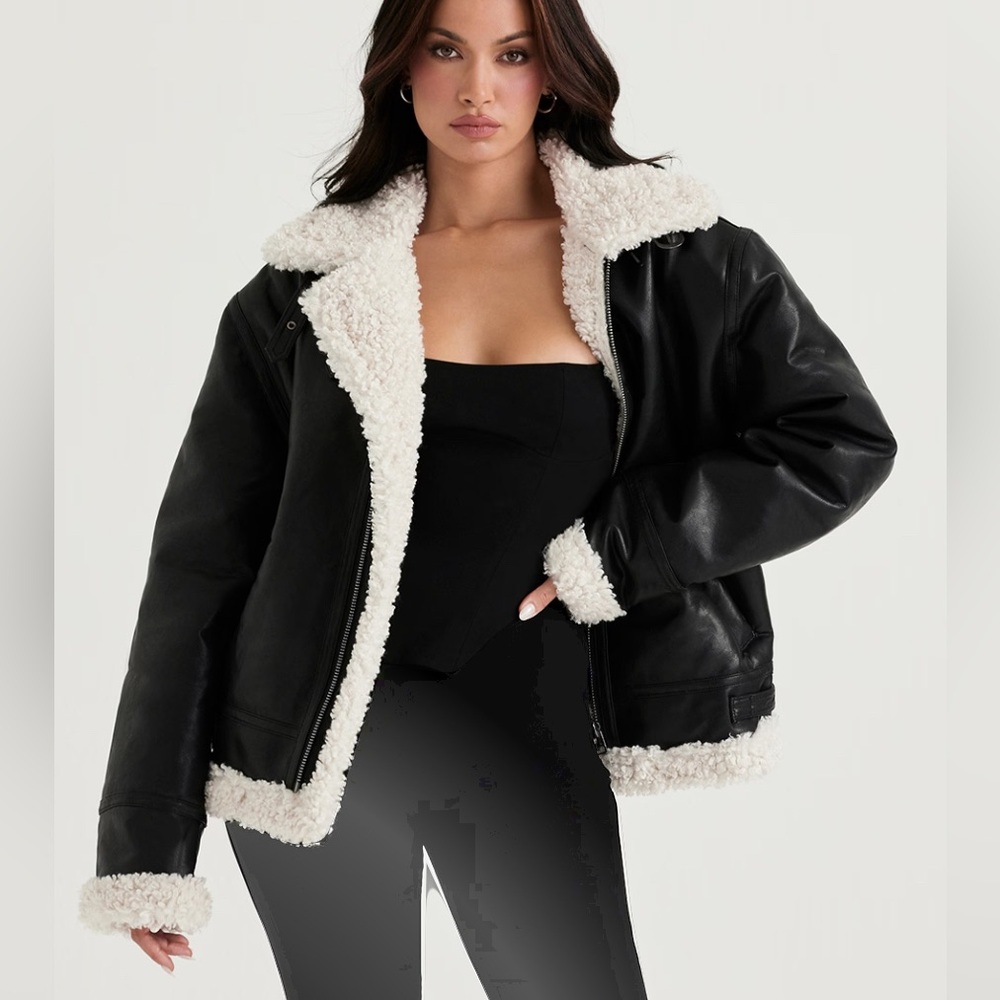 NWT. House of CB Black Shearling Vegan Leather Aviator Jacket Size Large